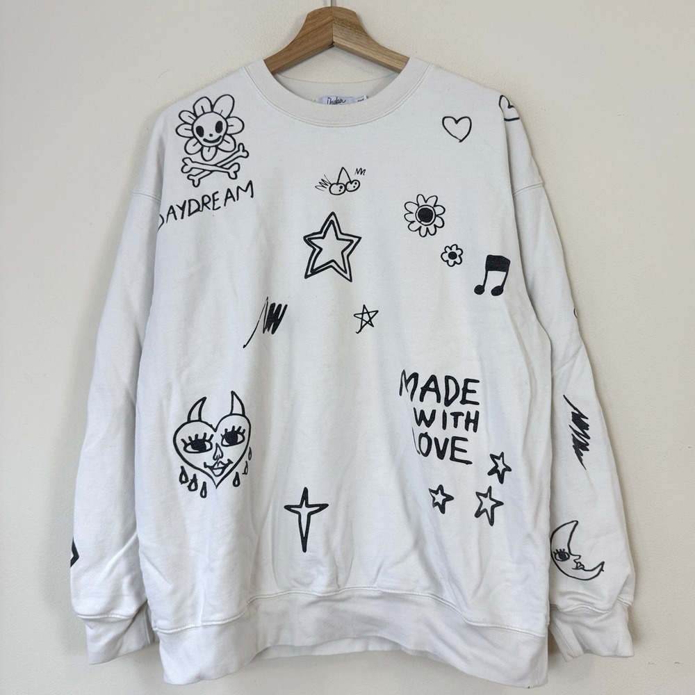 The Mayfair Group Bye For Now Love Peace Flower Heart White Womens Sweatshirt
